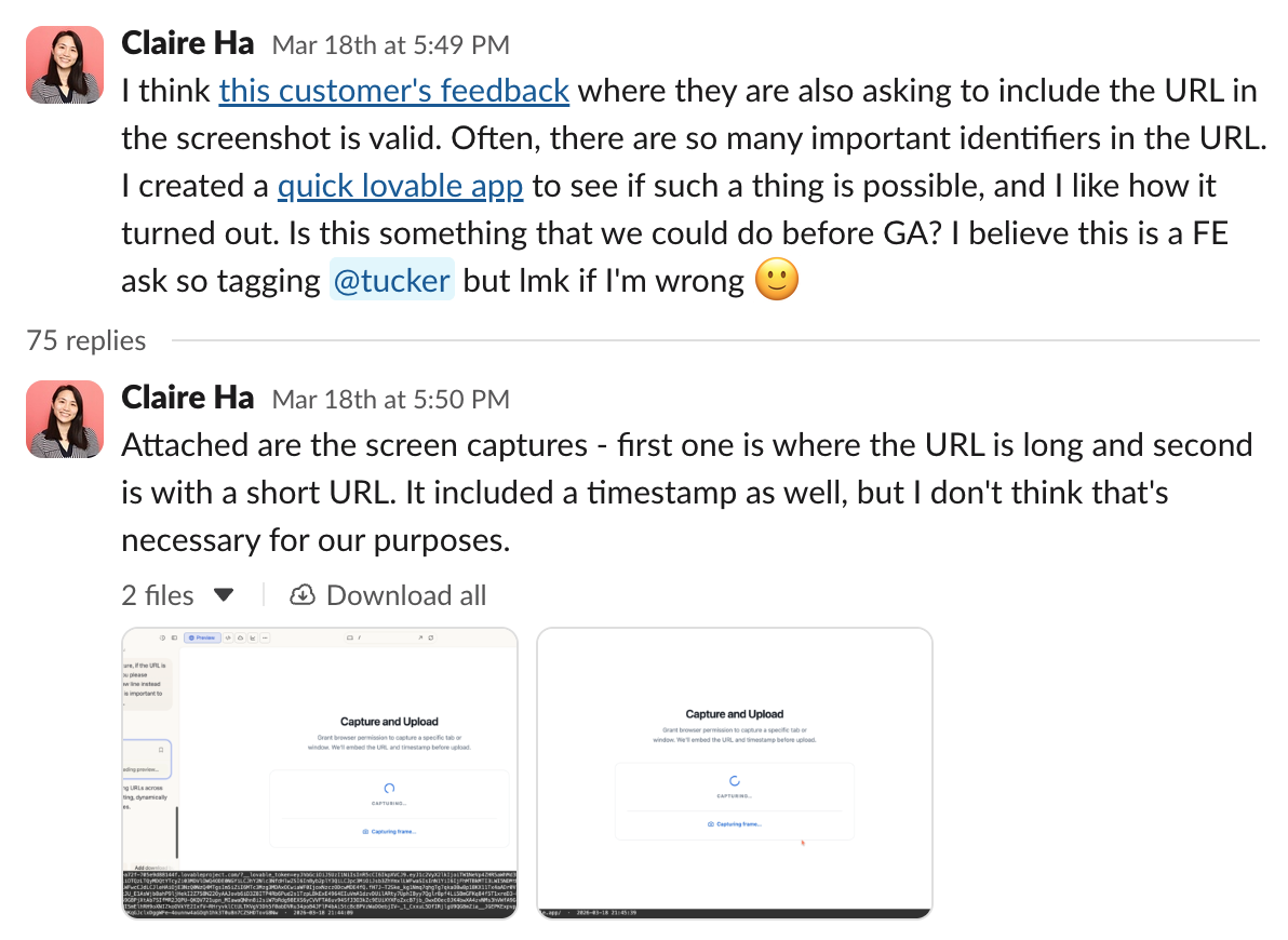 Claire sharing the Lovable prototype in Slack